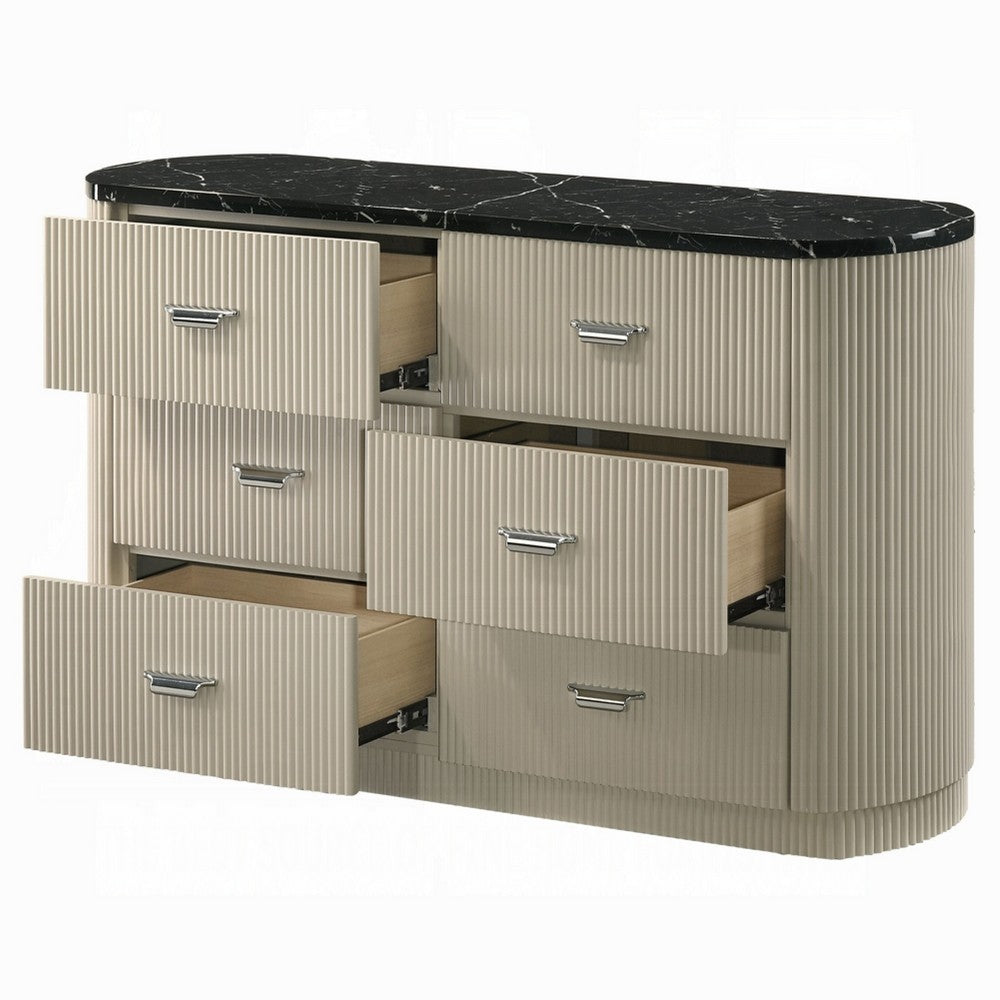Trex Dresser | 63" | 6 Reeded Drawers w Black Faux Marble Top | Beige