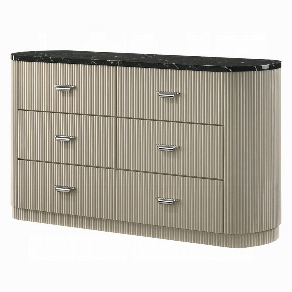Trex Dresser | 63" | 6 Reeded Drawers w Black Faux Marble Top | Beige