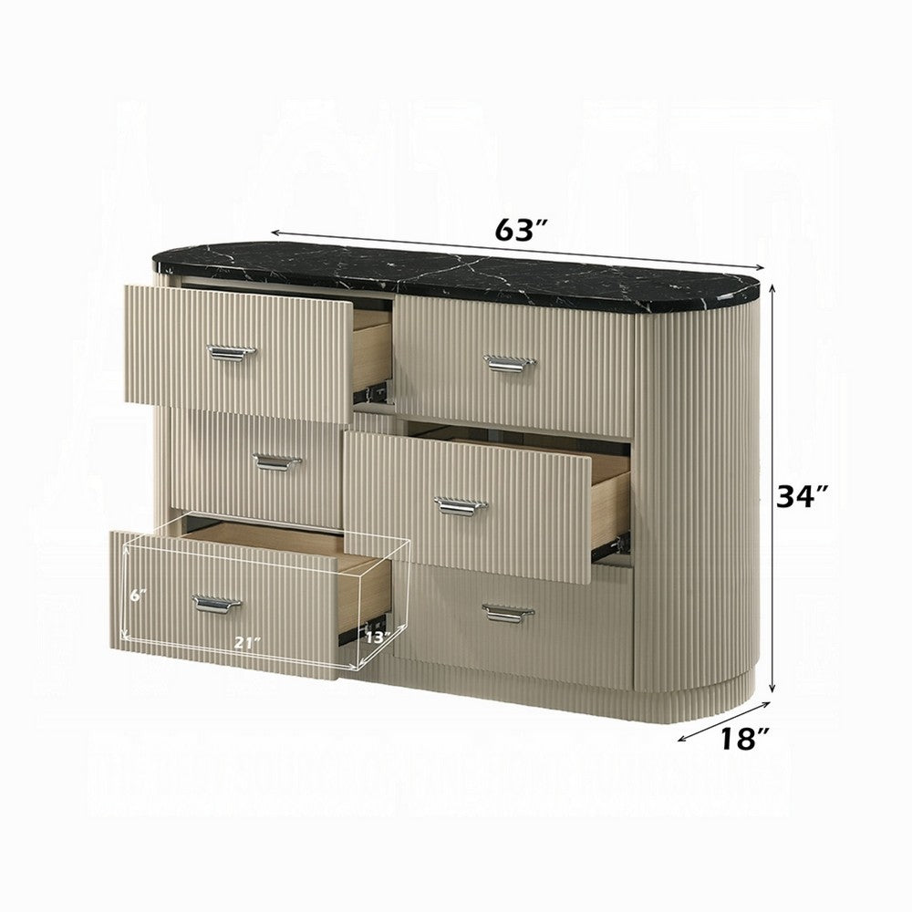Trex Dresser | 63" | 6 Reeded Drawers w Black Faux Marble Top | Beige