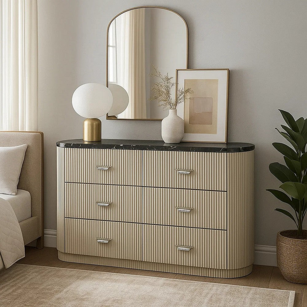 Trex Dresser | 63" | 6 Reeded Drawers w Black Faux Marble Top | Beige