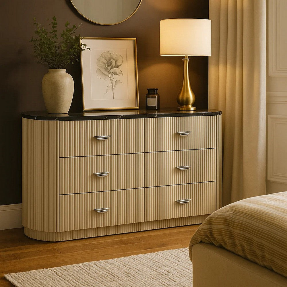Trex Dresser | 63" | 6 Reeded Drawers w Black Faux Marble Top | Beige