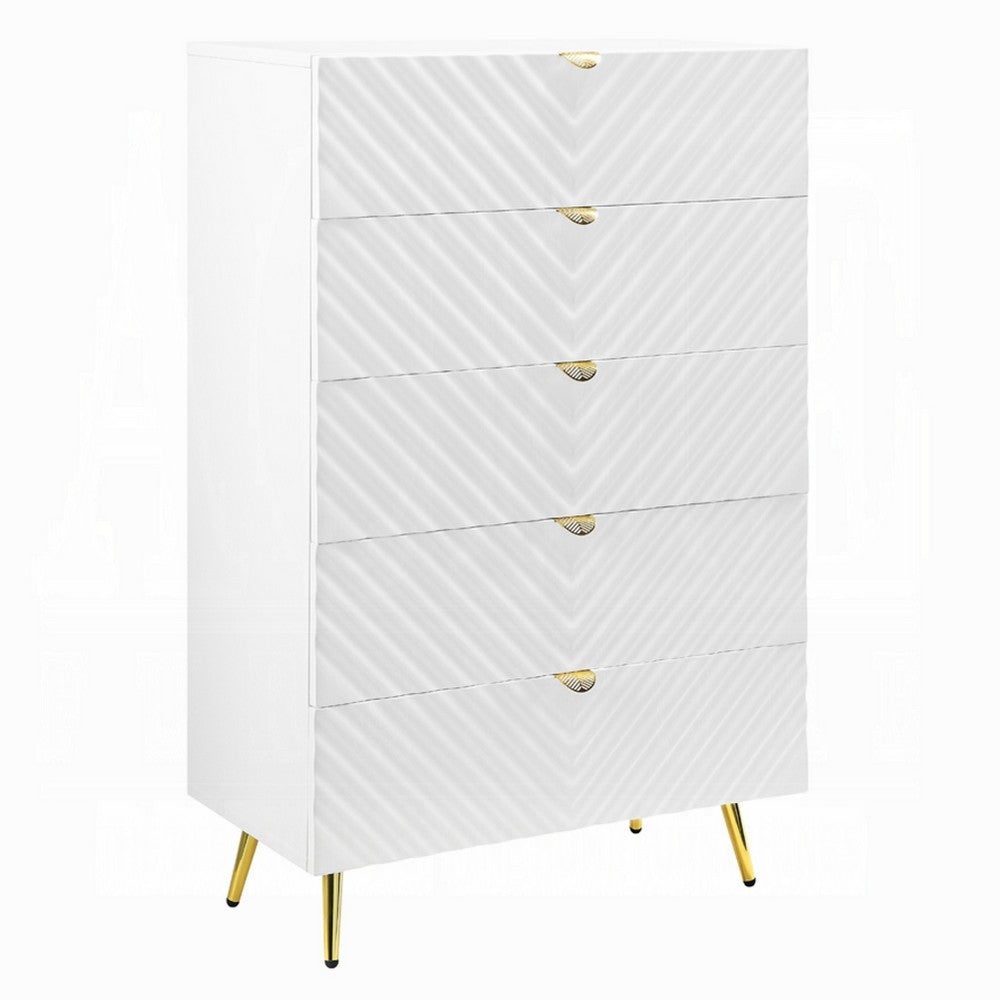 Tyra Tall Dresser Chest | 5 Wave Pattern Drawers w Gold Handles | White