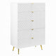 Tyra Tall Dresser Chest | 5 Wave Pattern Drawers w Gold Handles | White