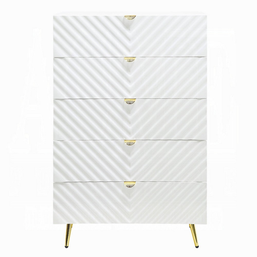 Tyra Tall Dresser Chest | 5 Wave Pattern Drawers w Gold Handles | White