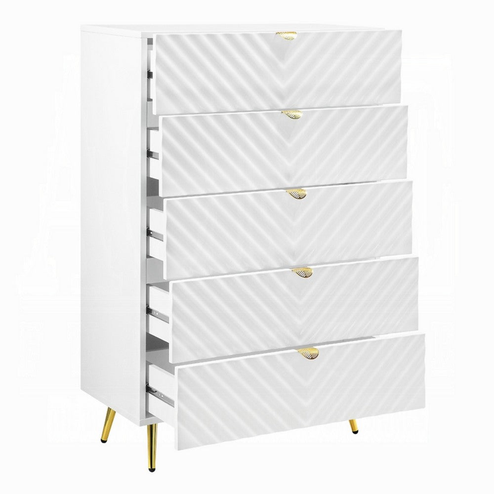 Tyra Tall Dresser Chest | 5 Wave Pattern Drawers w Gold Handles | White