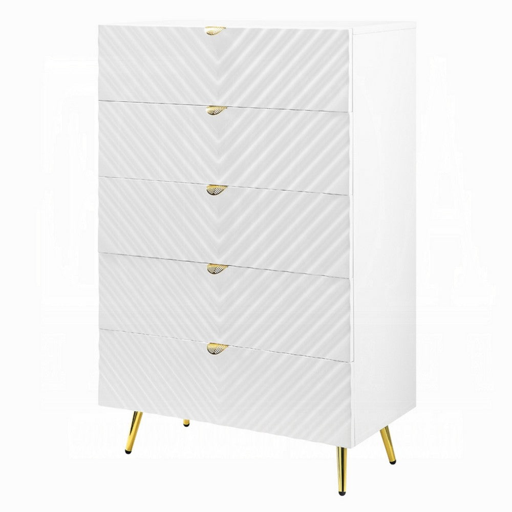 Tyra Tall Dresser Chest | 5 Wave Pattern Drawers w Gold Handles | White