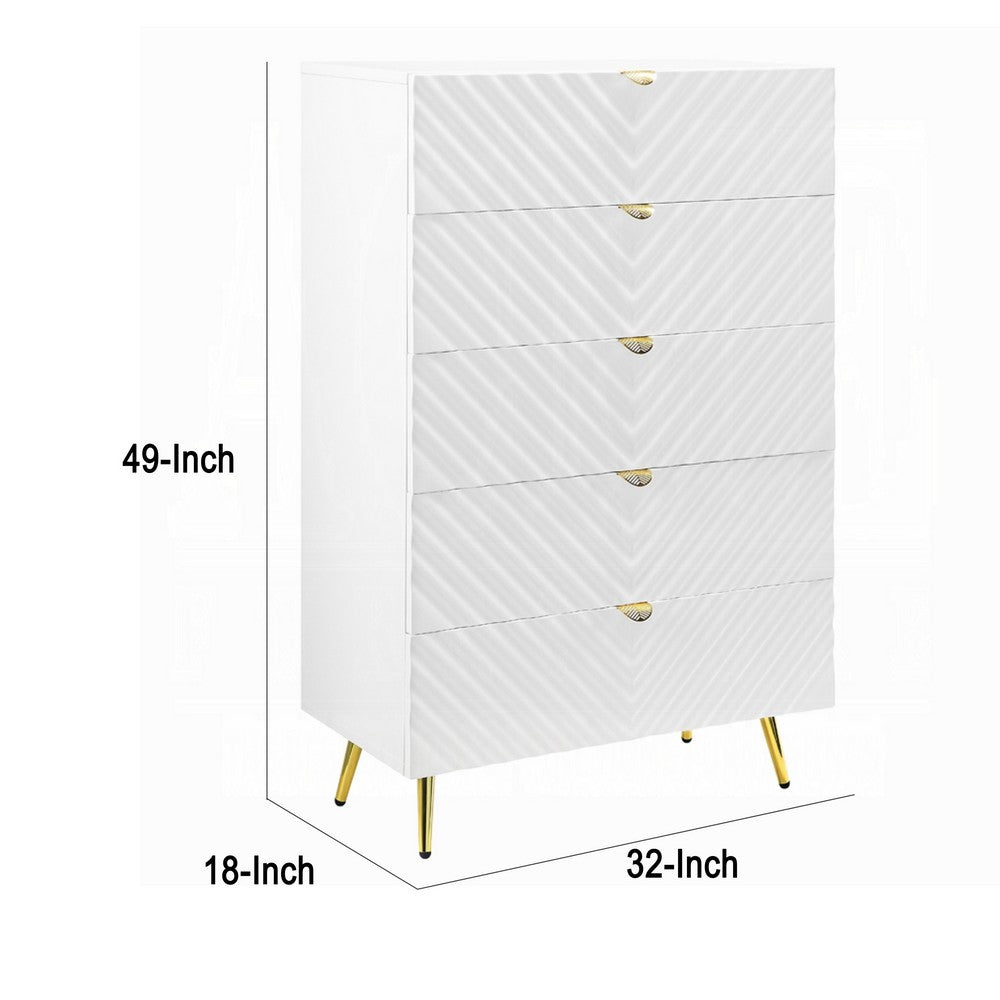 Tyra Tall Dresser Chest | 5 Wave Pattern Drawers w Gold Handles | White