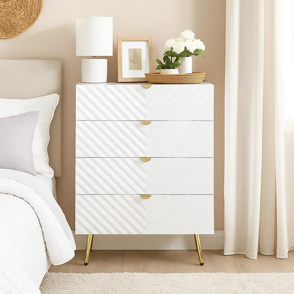 Tyra Tall Dresser Chest | 5 Wave Pattern Drawers w Gold Handles | White