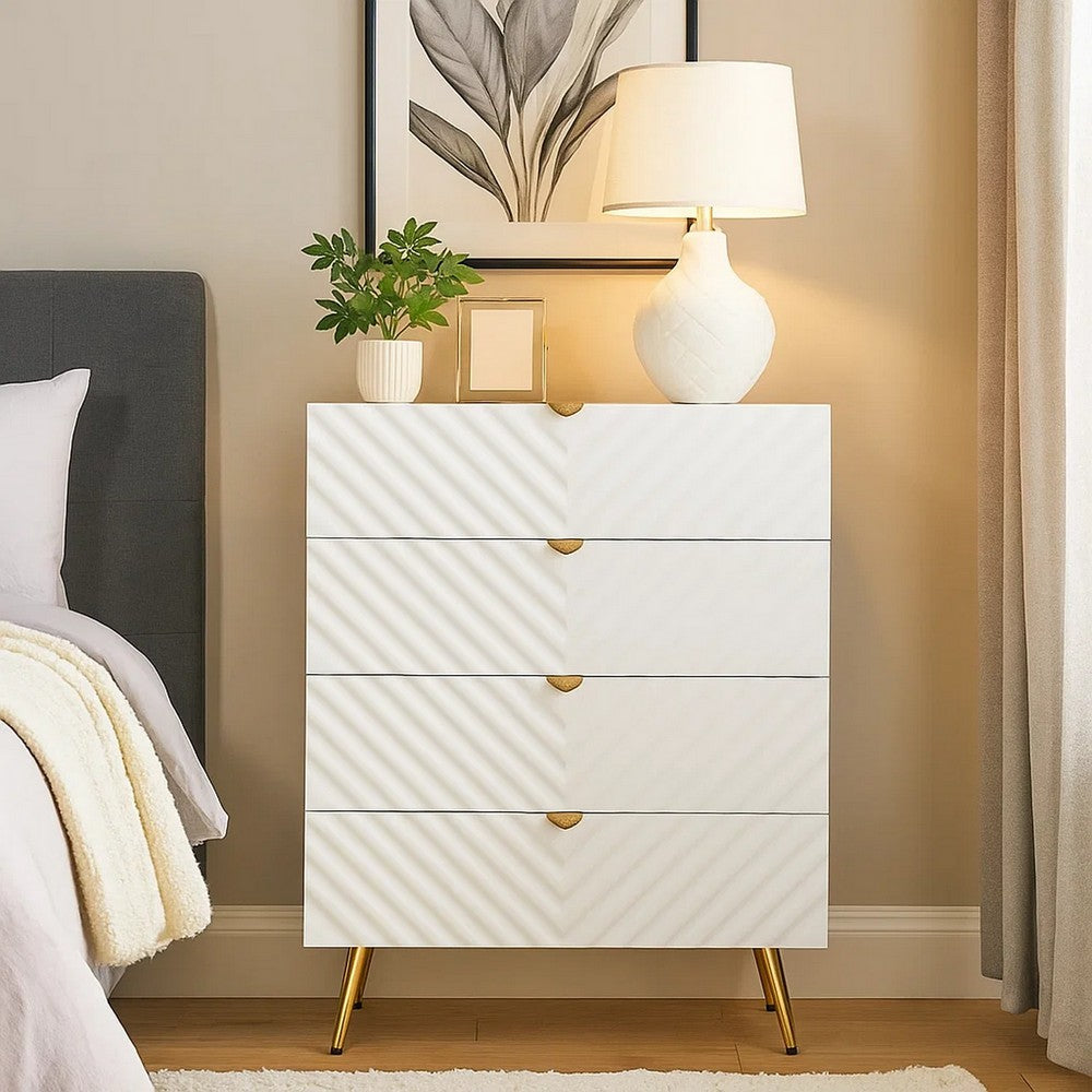 Tyra Tall Dresser Chest | 5 Wave Pattern Drawers w Gold Handles | White