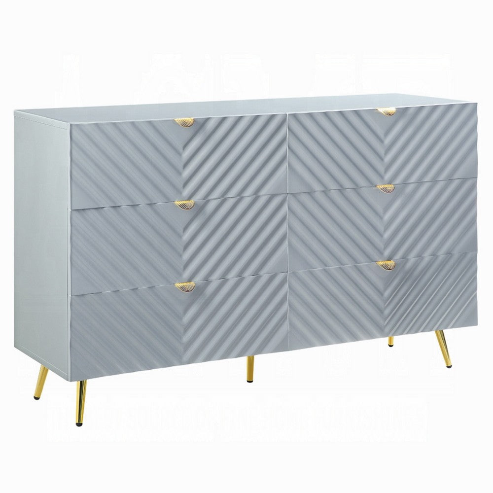 Tyra Dresser | 55" | 6 Wave Patterned Drawers w Gold Handles | Gray