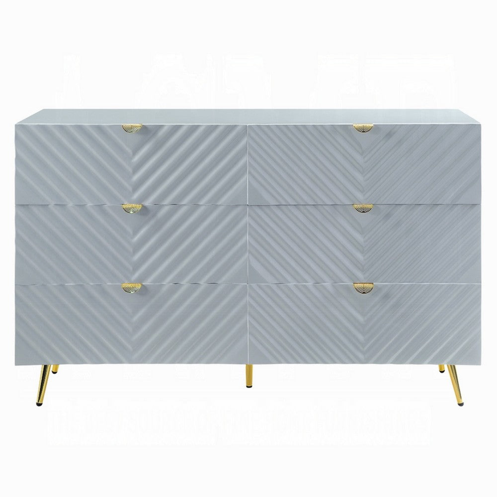 Tyra Dresser | 55" | 6 Wave Patterned Drawers w Gold Handles | Gray