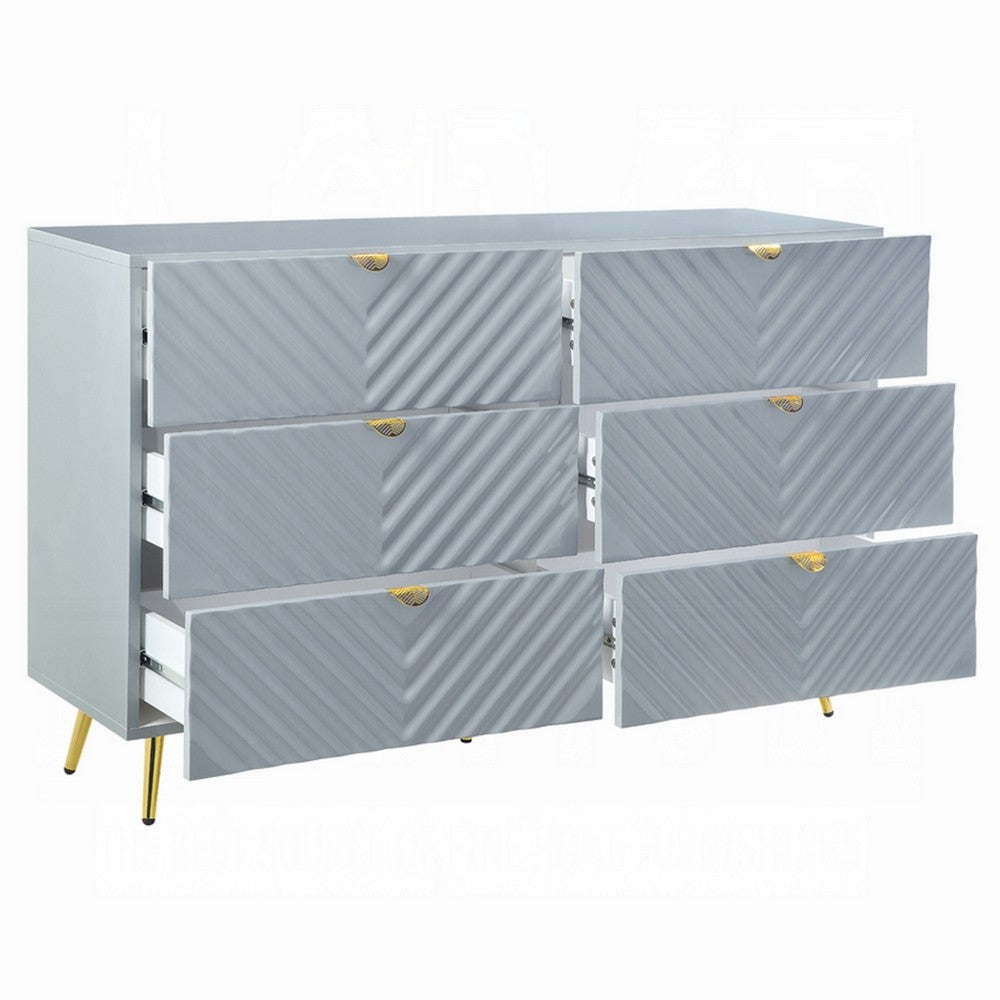 Tyra Dresser | 55" | 6 Wave Patterned Drawers w Gold Handles | Gray