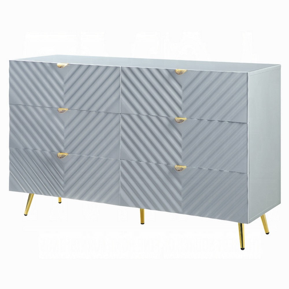 Tyra Dresser | 55" | 6 Wave Patterned Drawers w Gold Handles | Gray