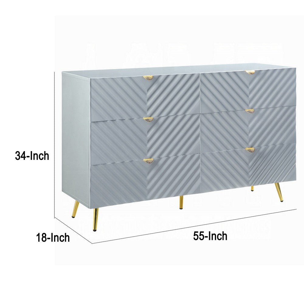 Tyra Dresser | 55" | 6 Wave Patterned Drawers w Gold Handles | Gray