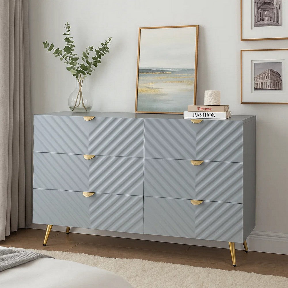Tyra Dresser | 55" | 6 Wave Patterned Drawers w Gold Handles | Gray