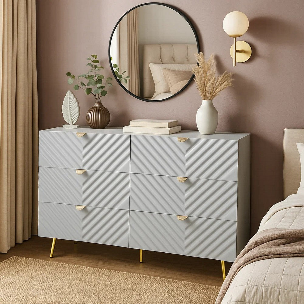 Tyra Dresser | 55" | 6 Wave Patterned Drawers w Gold Handles | Gray