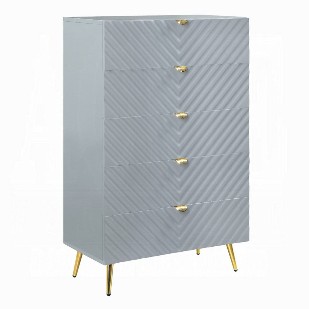 Tyra Tall Dresser Chest | 5 Wave Pattern Drawers w Gold Handles | Gray