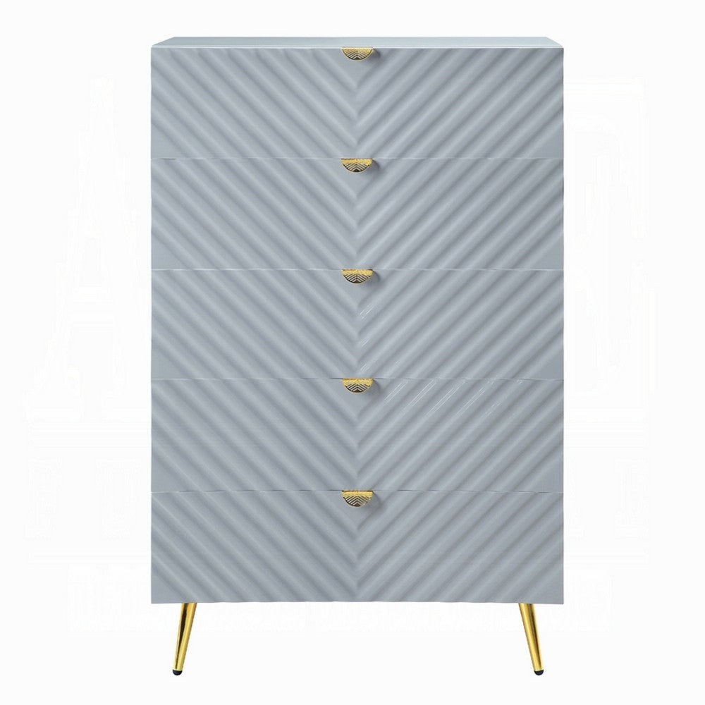 Tyra Tall Dresser Chest | 5 Wave Pattern Drawers w Gold Handles | Gray