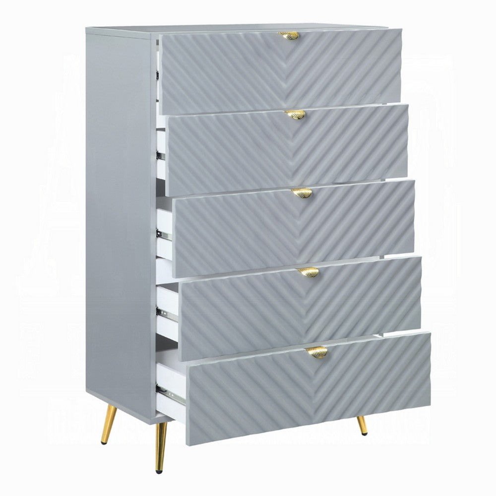 Tyra Tall Dresser Chest | 5 Wave Pattern Drawers w Gold Handles | Gray