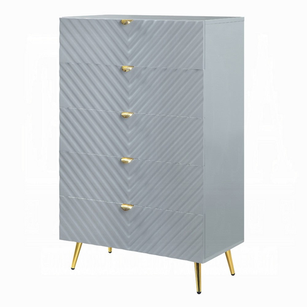 Tyra Tall Dresser Chest | 5 Wave Pattern Drawers w Gold Handles | Gray