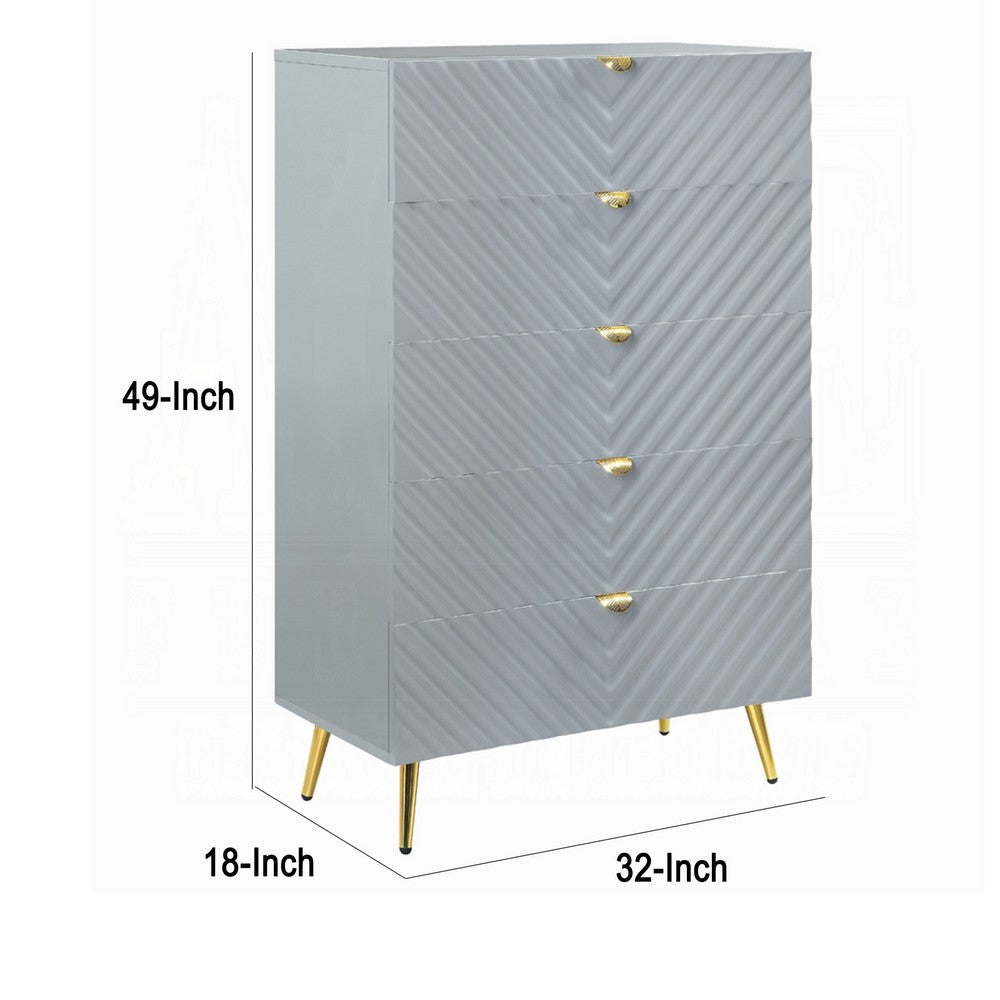 Tyra Tall Dresser Chest | 5 Wave Pattern Drawers w Gold Handles | Gray