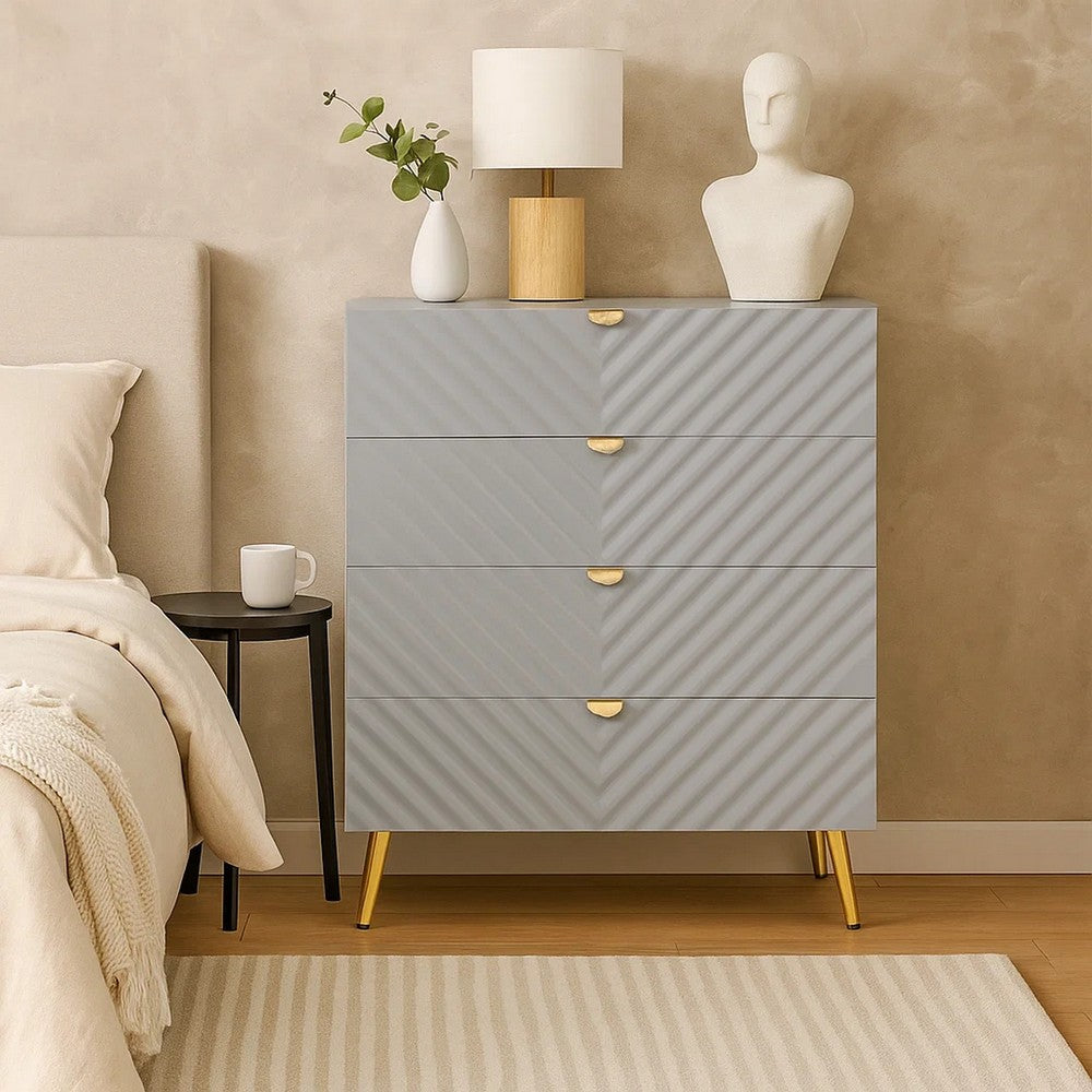 Tyra Tall Dresser Chest | 5 Wave Pattern Drawers w Gold Handles | Gray