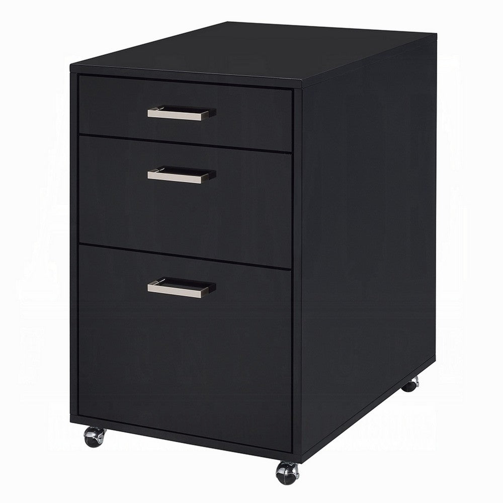 Bard File Cabinet | 3 Drawers w Chrome Metal Handles | Black High Gloss