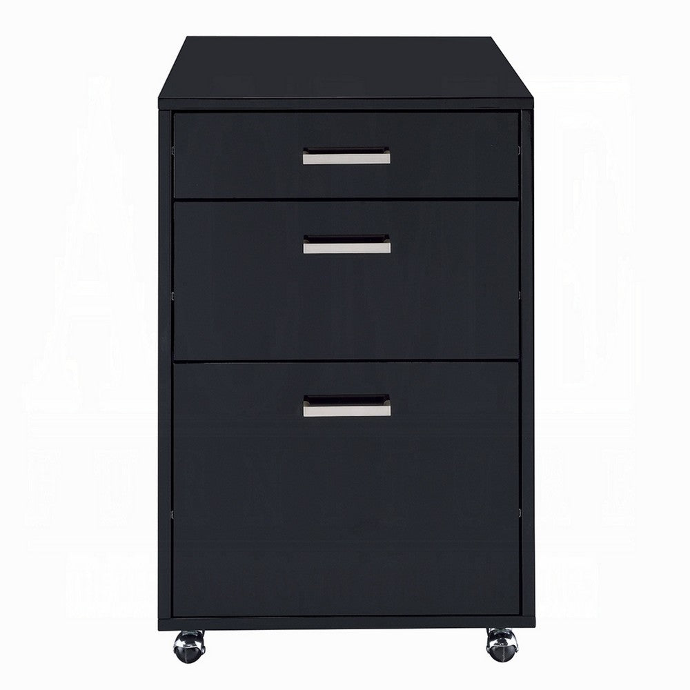 Bard File Cabinet | 3 Drawers w Chrome Metal Handles | Black High Gloss