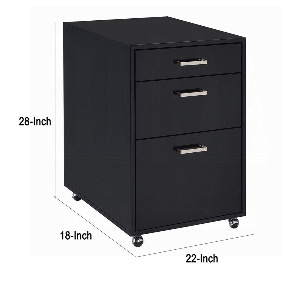 Bard File Cabinet | 3 Drawers w Chrome Metal Handles | Black High Gloss