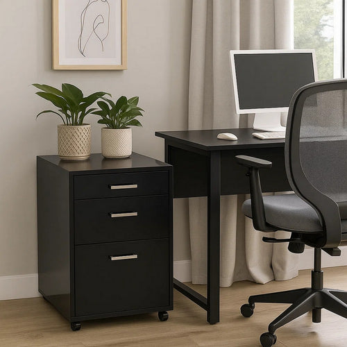 Bard File Cabinet | 3 Drawers w Chrome Metal Handles | Black High Gloss