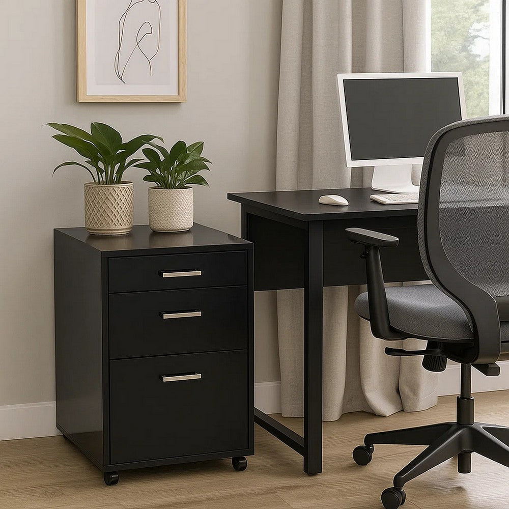Bard File Cabinet | 3 Drawers w Chrome Metal Handles | Black High Gloss