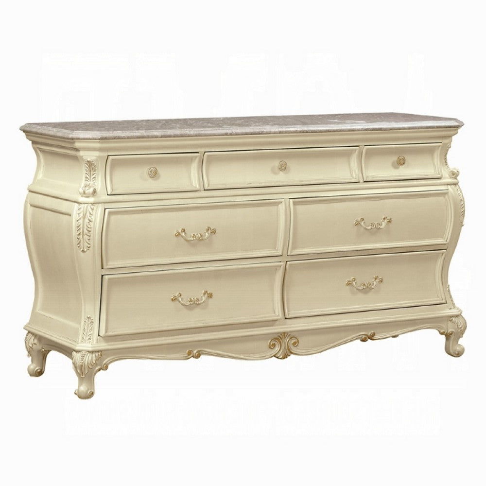 Cheny Wide Dresser | 7 Drawers | Granite Top | Baroque Style Pearl White