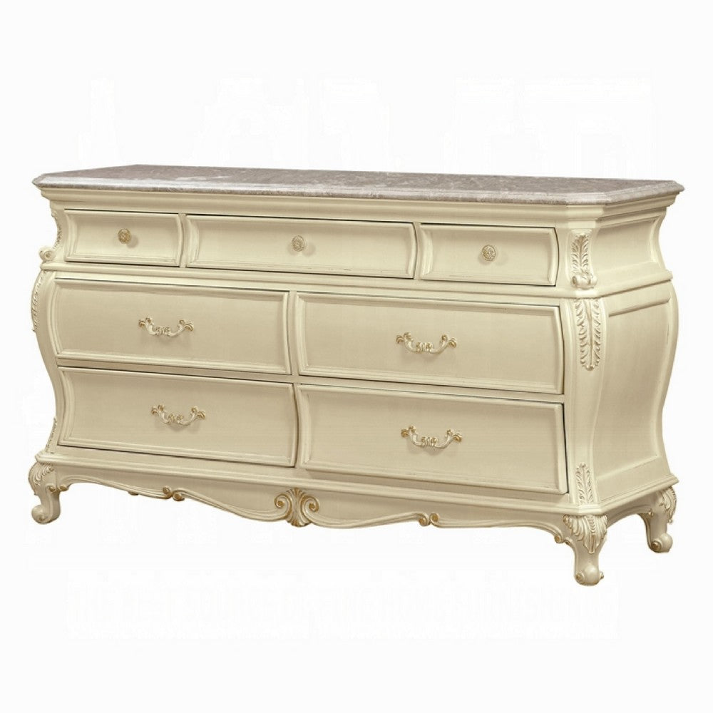 Cheny Wide Dresser | 7 Drawers | Granite Top | Baroque Style Pearl White