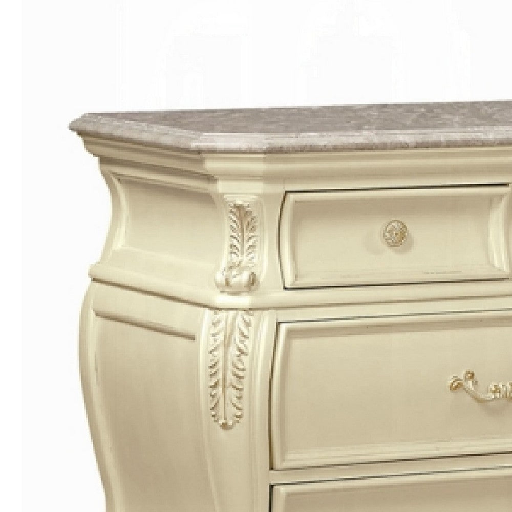 Cheny Wide Dresser | 7 Drawers | Granite Top | Baroque Style Pearl White