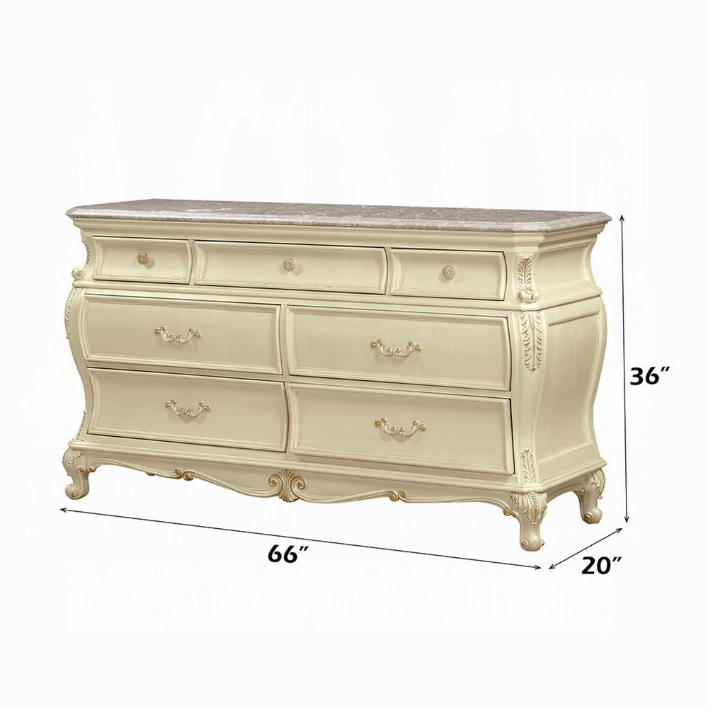 Cheny Wide Dresser | 7 Drawers | Granite Top | Baroque Style Pearl White