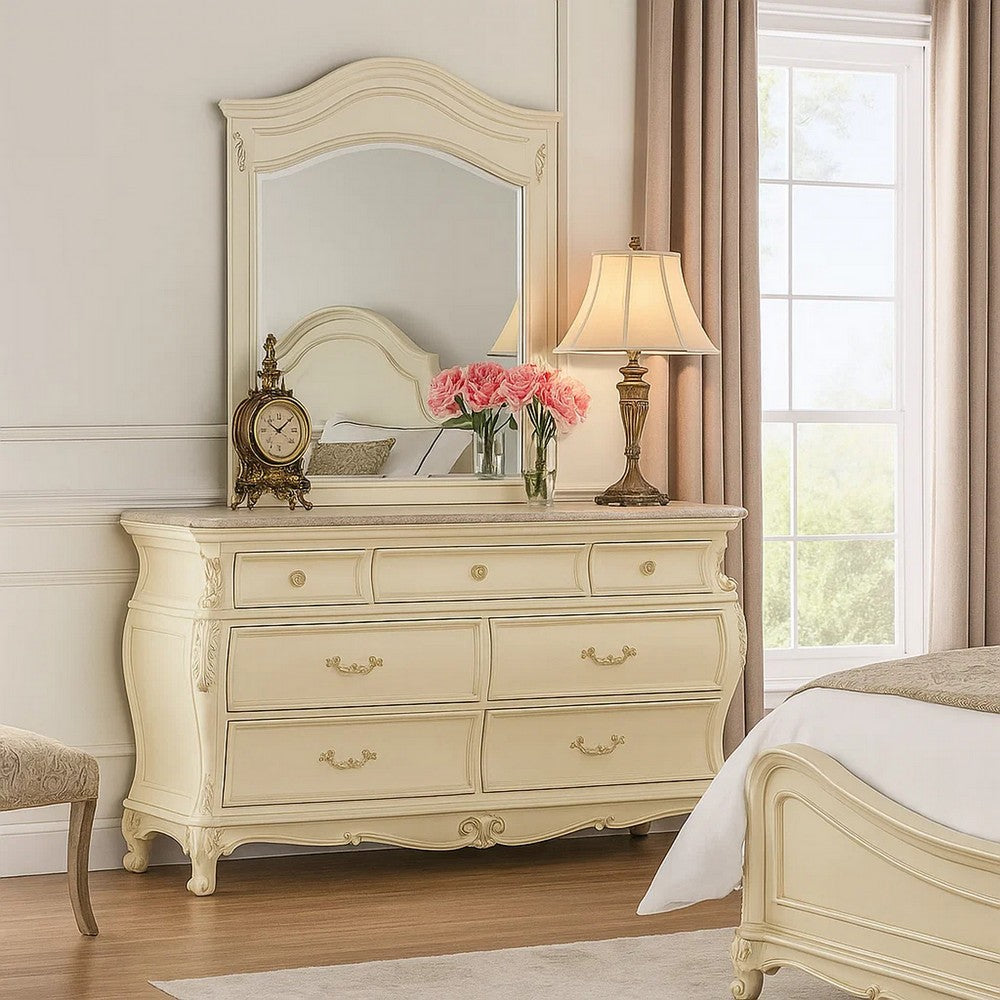 Cheny Wide Dresser | 7 Drawers | Granite Top | Baroque Style Pearl White