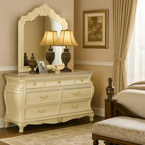 Cheny Wide Dresser | 7 Drawers | Granite Top | Baroque Style Pearl White