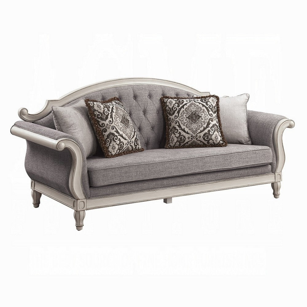 Fil Classic Sofa with 4 Pillow | Button Tufting | Antique White Trim 88"