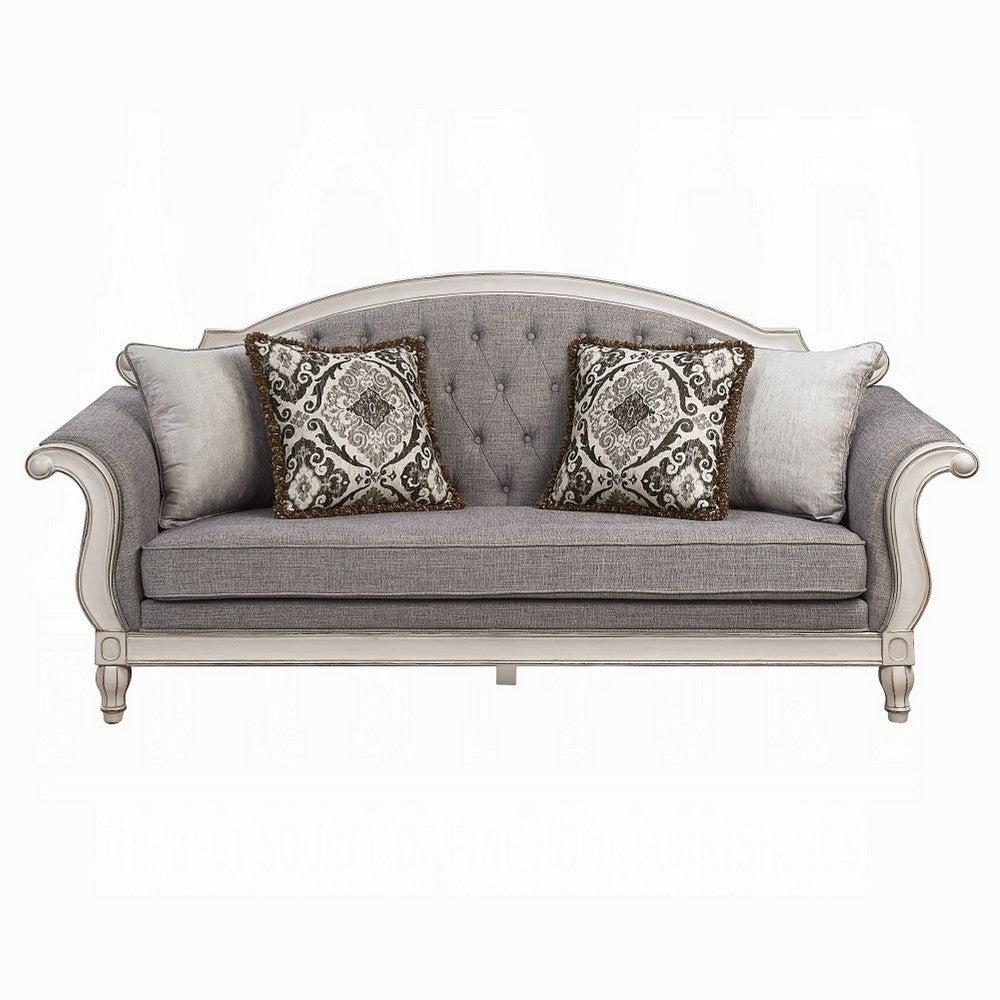Fil Classic Sofa with 4 Pillow | Button Tufting | Antique White Trim 88"