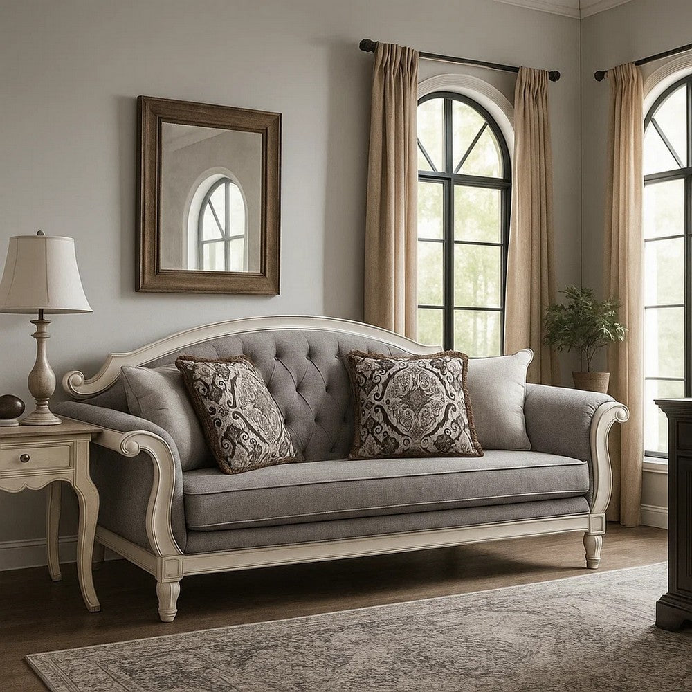 Fil Classic Sofa with 4 Pillow | Button Tufting | Antique White Trim 88"