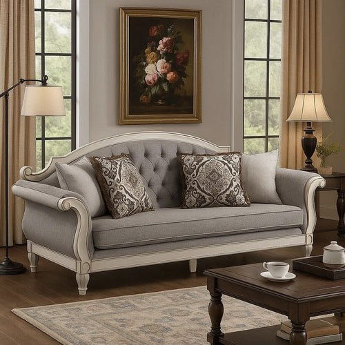 Fil Classic Sofa with 4 Pillow | Button Tufting | Antique White Trim 88"
