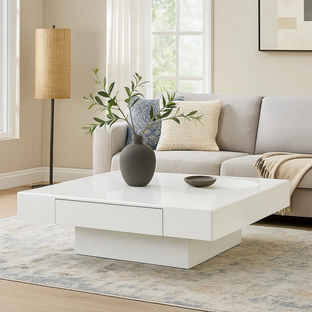 Keya Coffee Table | 43" Square Plinth Top | High Gloss White Finish
