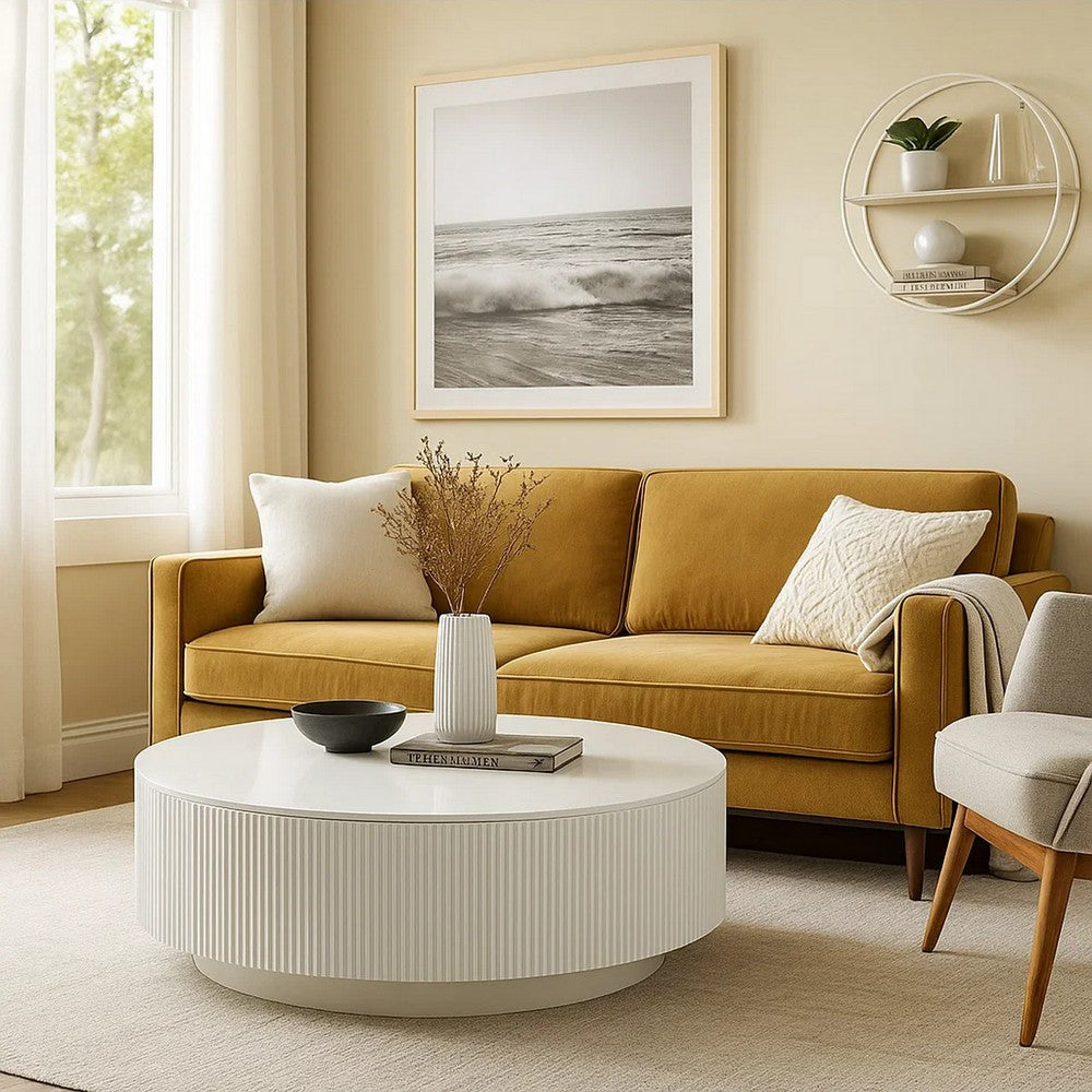 Del Modern Coffee Table | 47" Round Top | Glossy White Ribbed Base