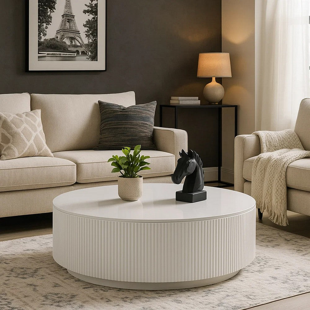 Del Modern Coffee Table | 47" Round Top | Glossy White Ribbed Base