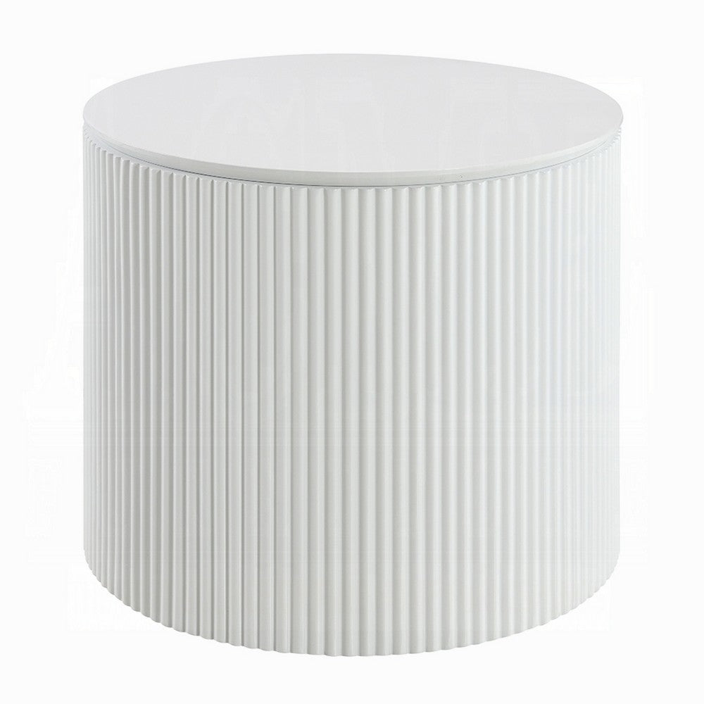 Del Modern Side End Table | 22" Round Top | Glossy White Ribbed Base
