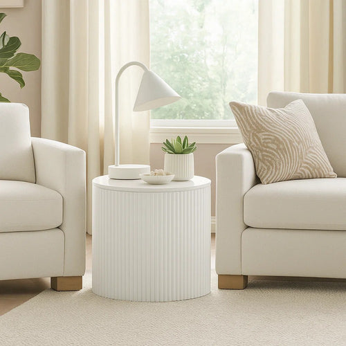 Del Modern Side End Table | 22" Round Top | Glossy White Ribbed Base