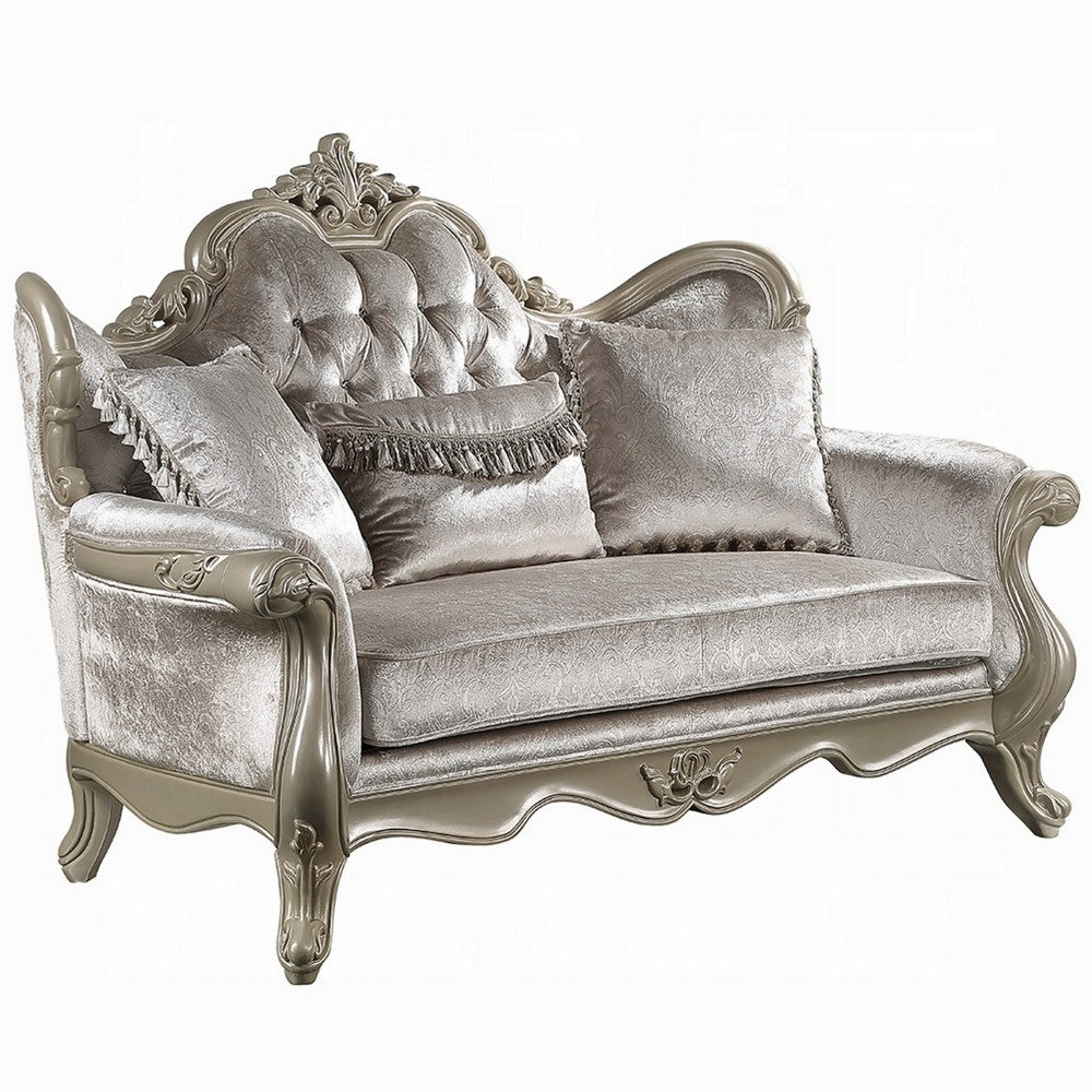 Bertha Baroque Loveseat with 3 Pillows | Tufted Champagne Gray | 70"