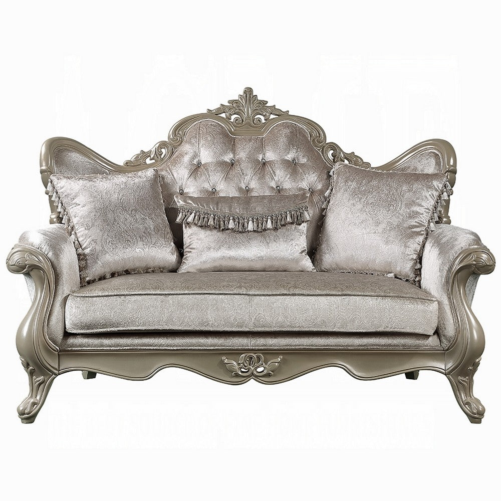 Bertha Baroque Loveseat with 3 Pillows | Tufted Champagne Gray | 70"