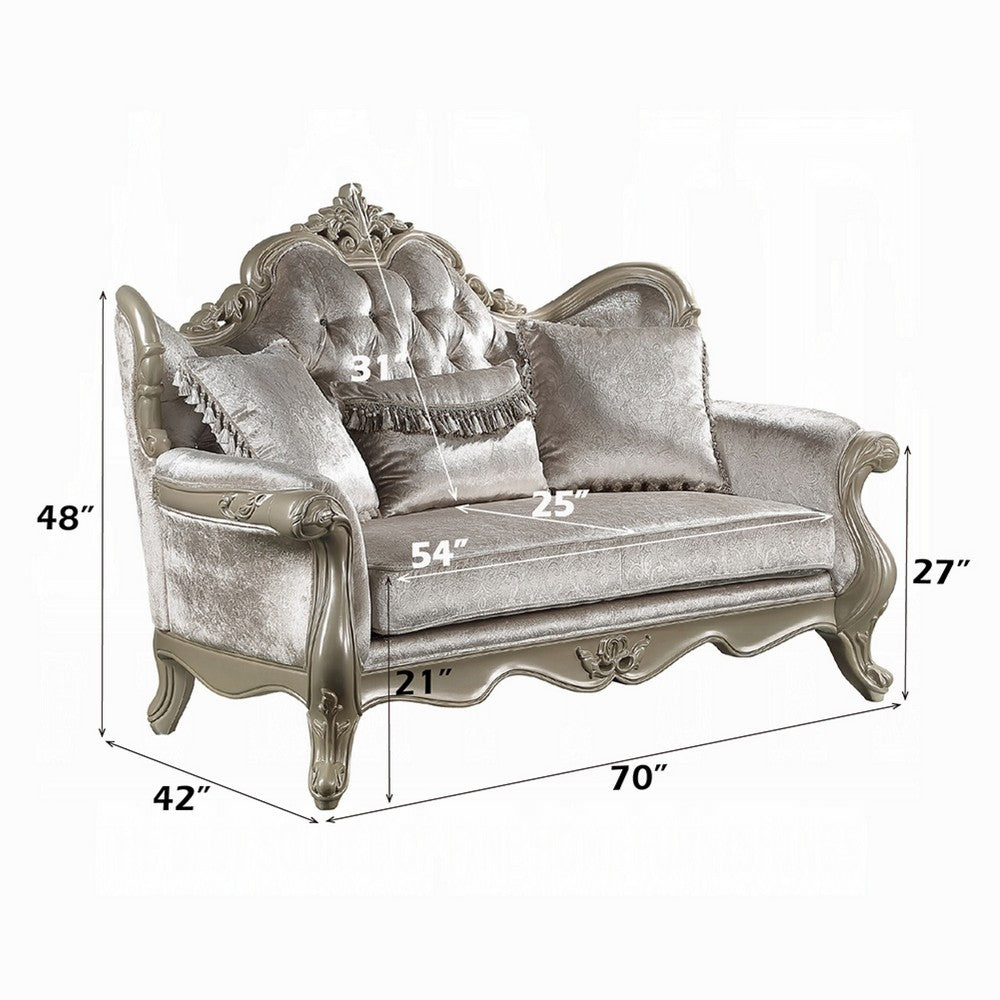 Bertha Baroque Loveseat with 3 Pillows | Tufted Champagne Gray | 70"