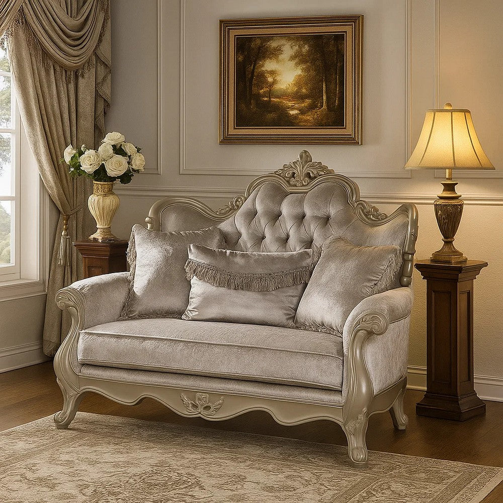 Bertha Baroque Loveseat with 3 Pillows | Tufted Champagne Gray | 70"